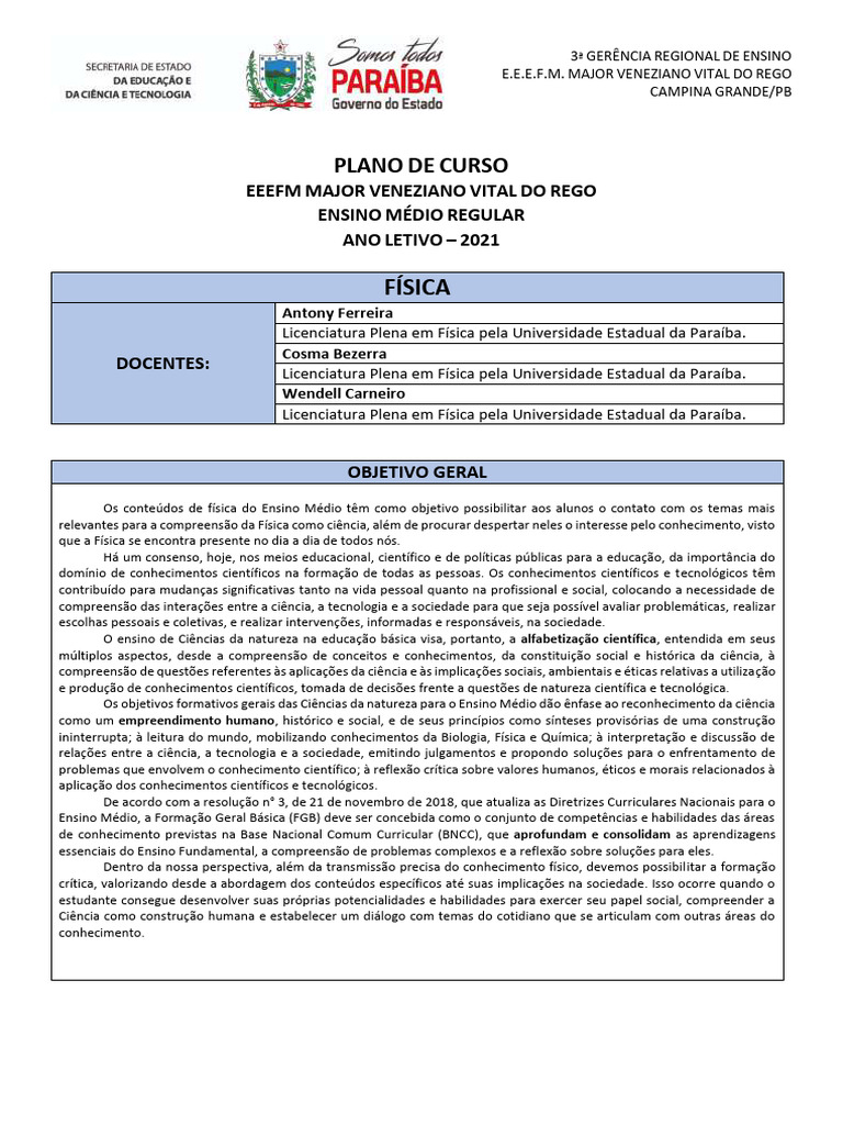 Plano de Curso de Física - Ensino Médio 2021 | PDF | Eletricidade ...