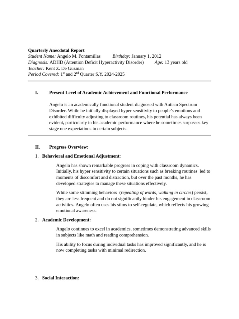 Angelo's ADHD Progress Report 2024-2025 | PDF | Attention Deficit ...