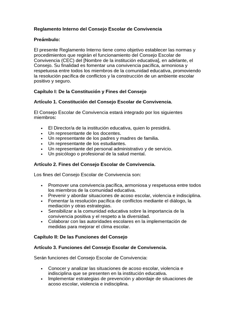 Reglamento Interno Del Consejo Escolar de Convivencia | PDF | Violencia