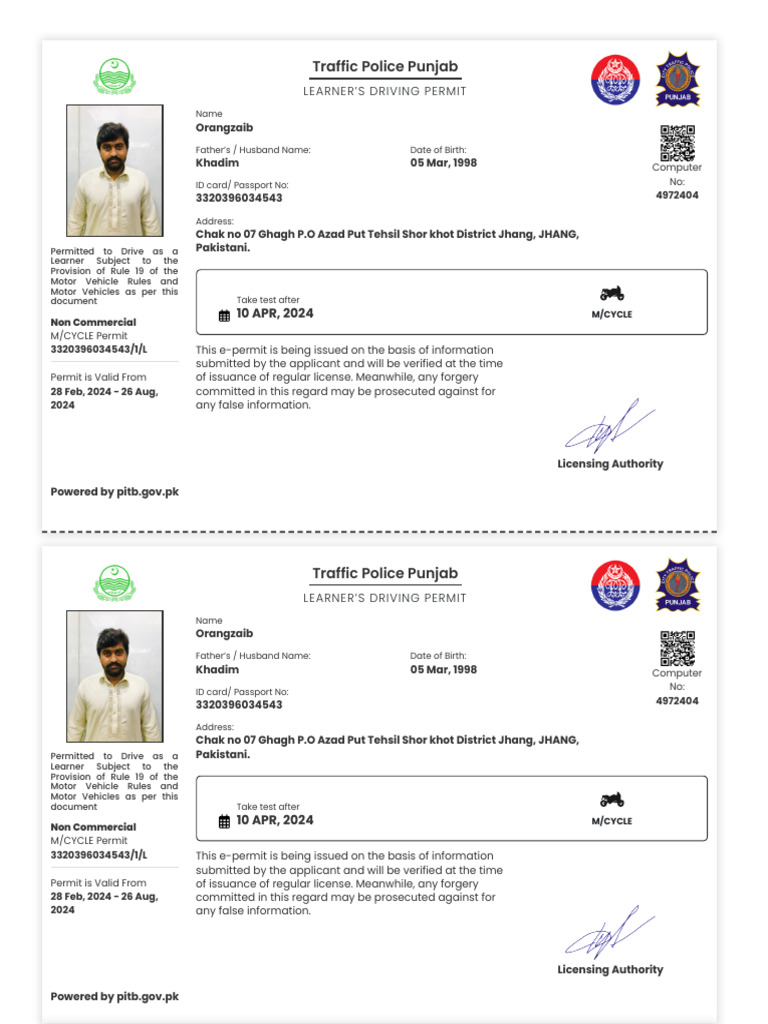 Learner's Driving Permit for Orangzaib | PDF | Identity Document | Vehicles