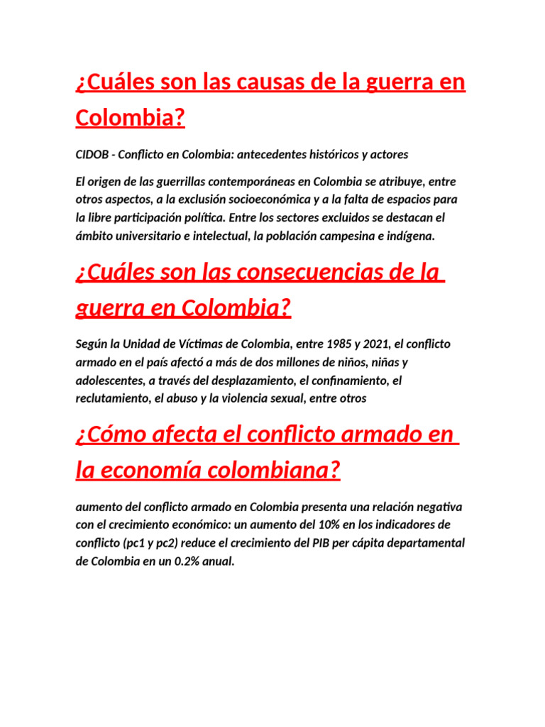 Causas y consecuencias de la guerra en Colombia | PDF