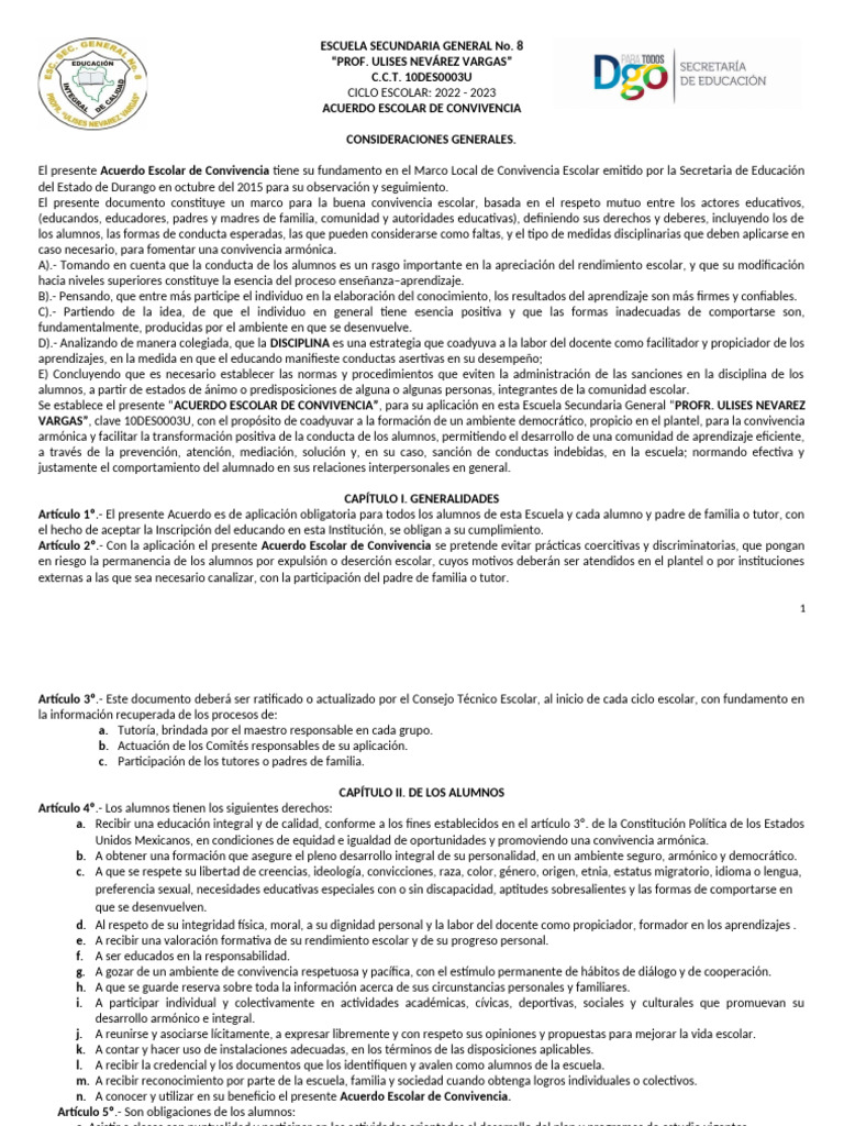 Acuerdo de Convivencia Escolar 2022-2023 | PDF | Disciplinas | Escuelas
