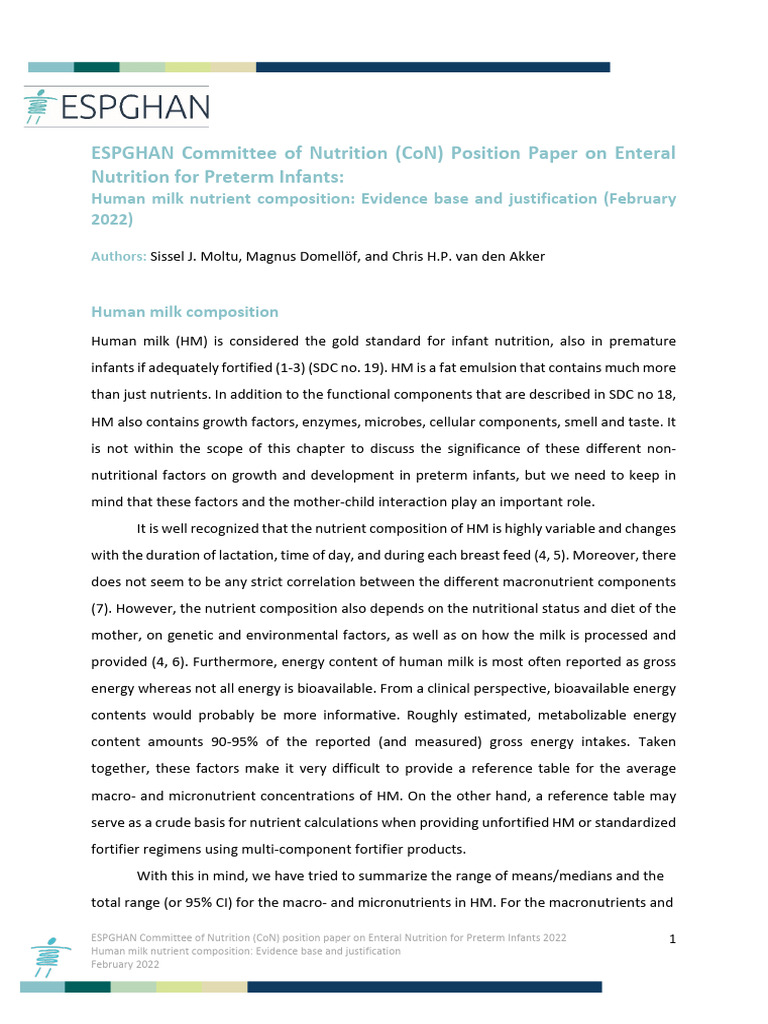 Human Milk Composition for Preterm Infants | PDF | Breast Milk | Nutrients
