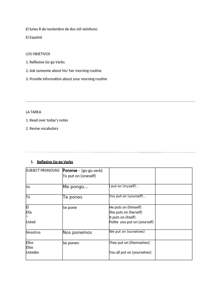 Reflexive Verbs in Morning Routines | PDF
