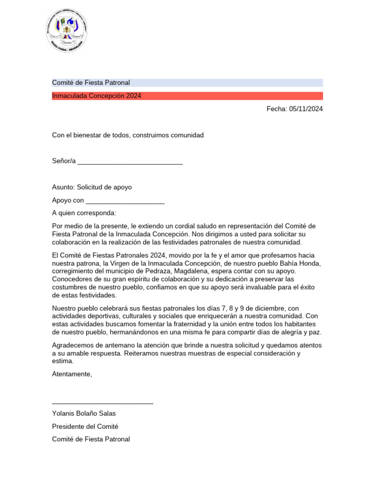 Solicitud de Apoyo para Fiesta Patronal | PDF