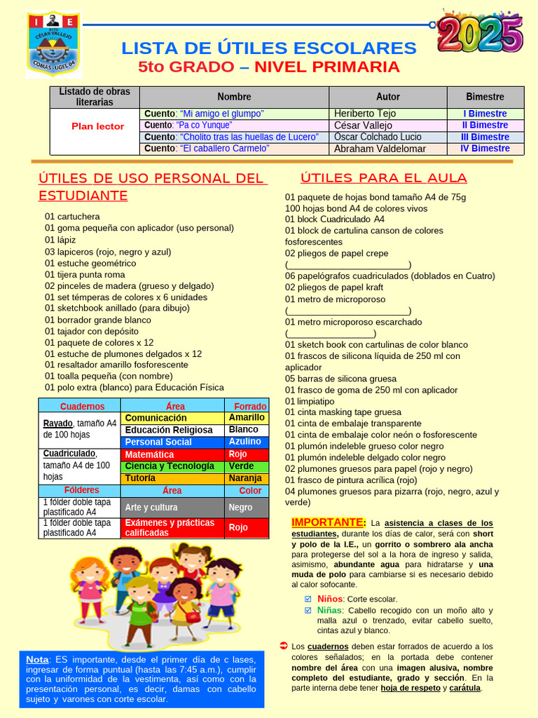 Útiles Escolares 5to Grado Primaria | PDF | Color | Arco iris