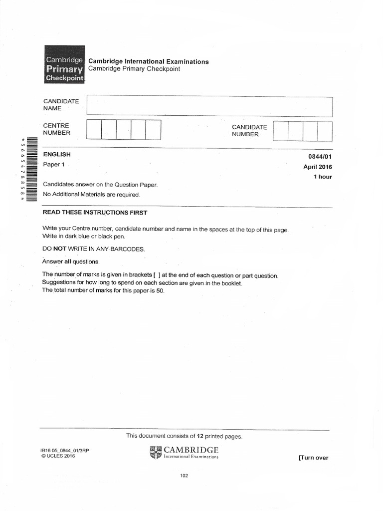 2016-Apr Primary Checkpoint Test P1 - Yr 6 | PDF
