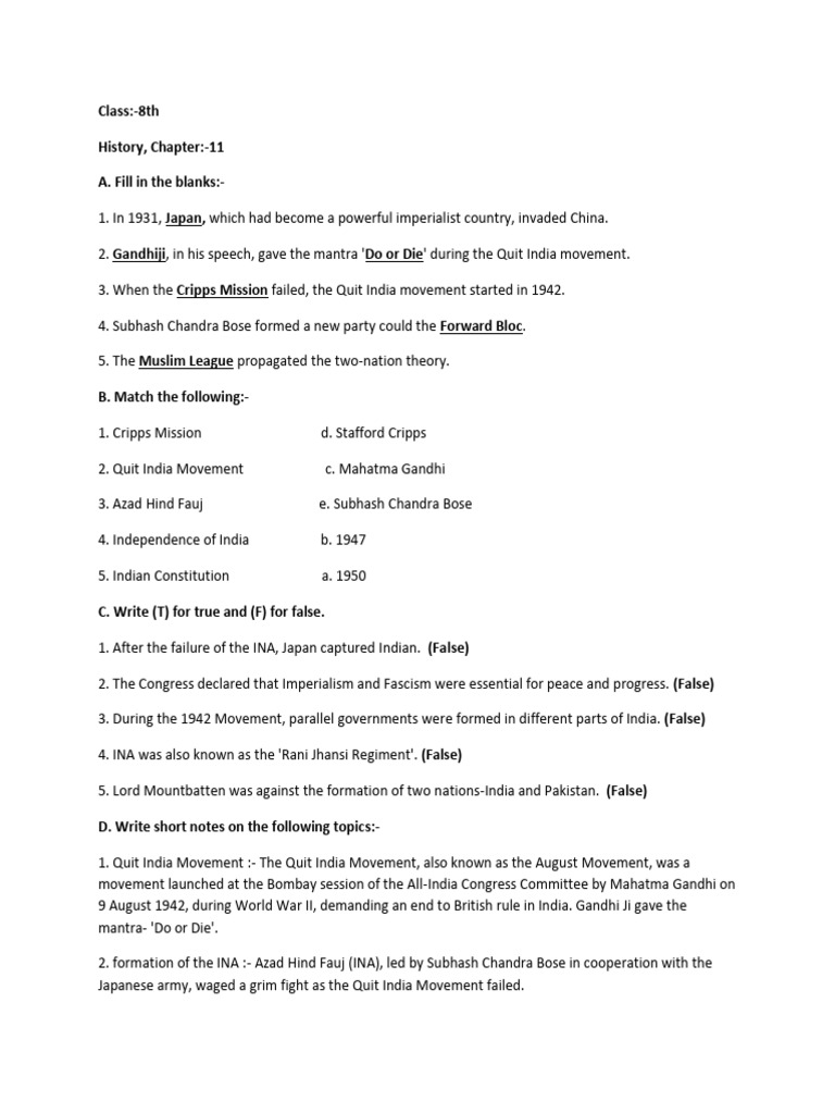 8th Grade History: Quit India Movement | PDF | Mahatma Gandhi | Indian ...