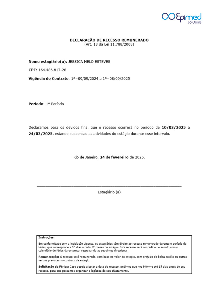 Recesso Remunerado para Estagiários | PDF