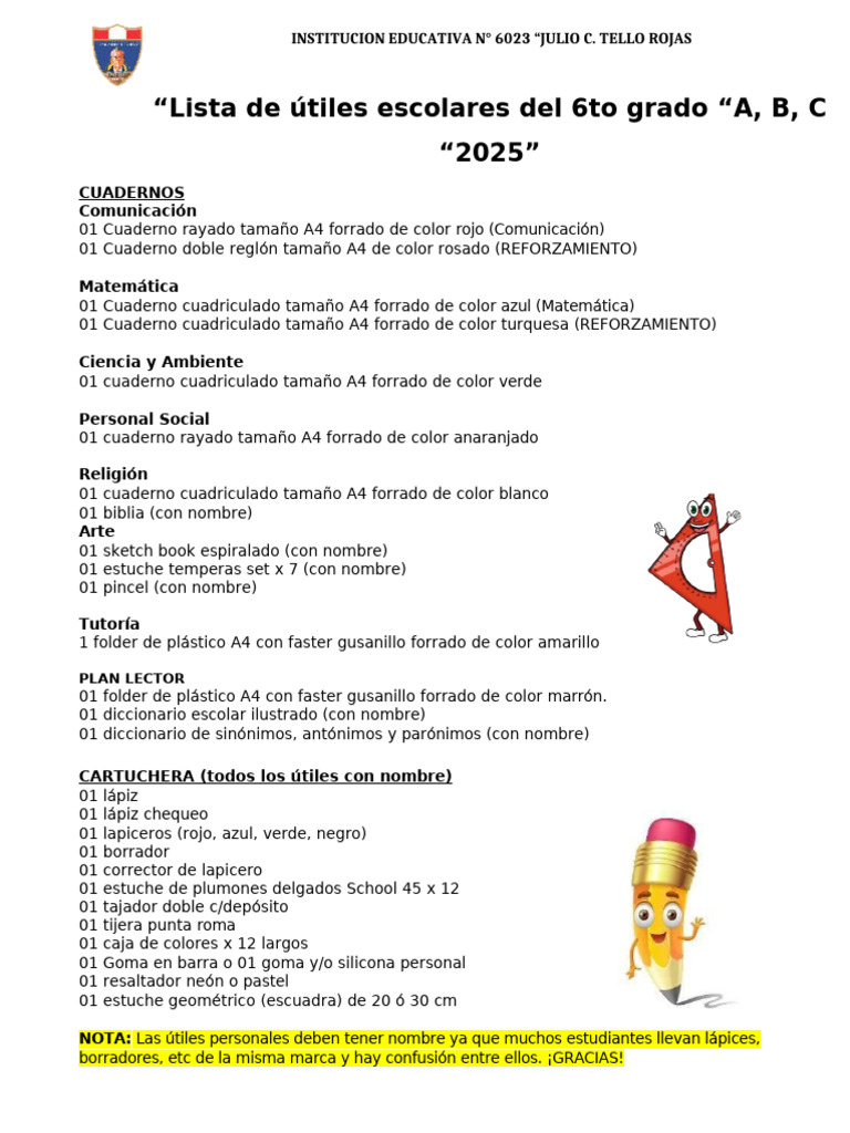 Útiles Escolares 6to Grado 2025 | PDF | Lápiz | Arco iris