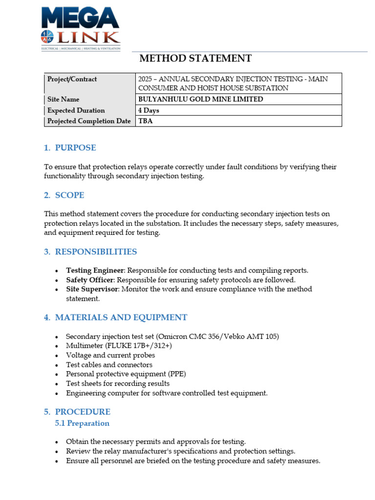 Method Statement For Annual Secondary Injection | PDF | Relay ...