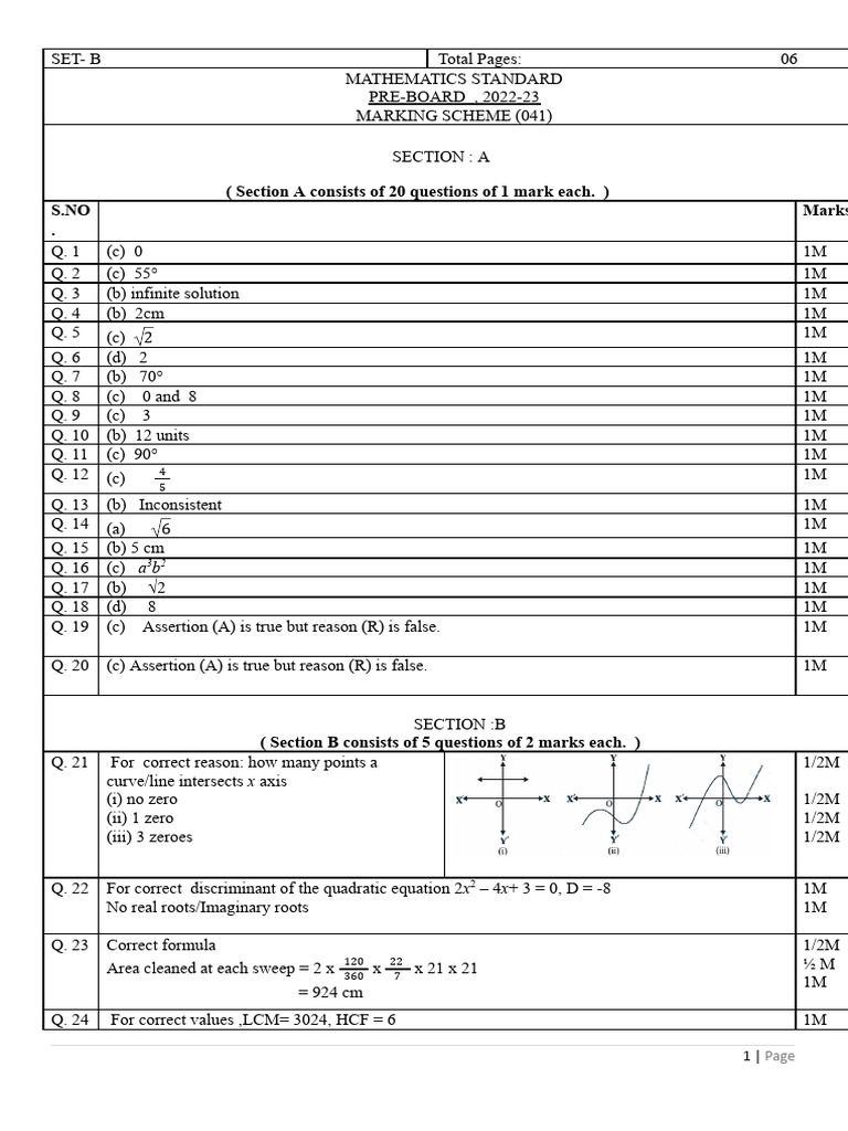 Mathematics Pre-Board Marking Scheme 2022-23 | PDF | Area | Quadratic ...