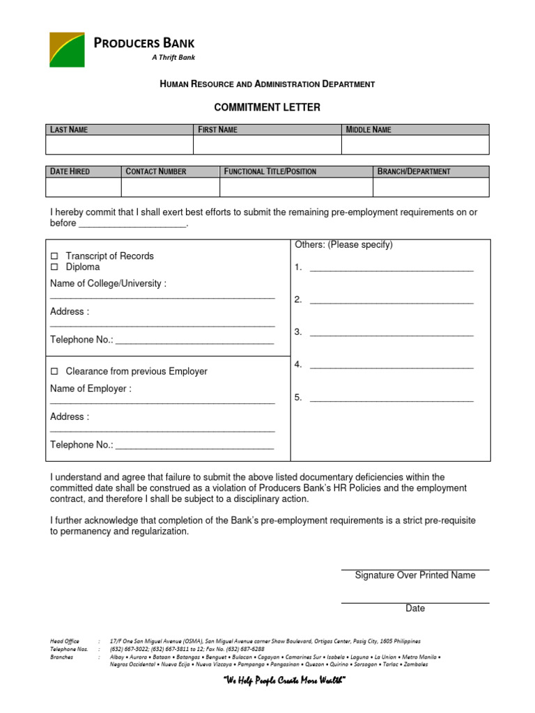 Commitment Letter For Newly Hired Emp With Incomplete Requirements | PDF