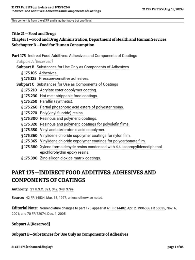 CFR 175: Food Adhesives Regulations | PDF | Acetic Acid | Ethylene