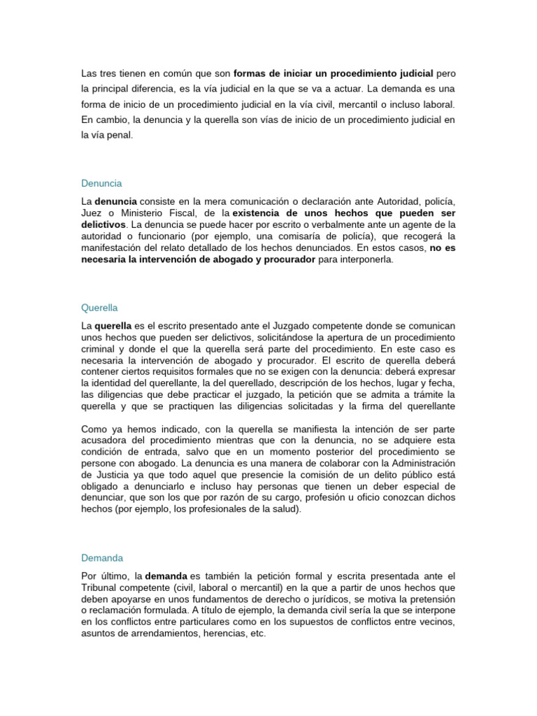 Demanda, Denuncia y Querella: Diferencias | PDF | Queja | Demanda judicial