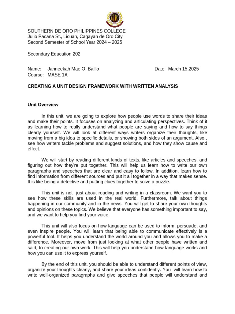 UNIT DESIGN FRAMEWORK Midterm | PDF | Differentiated Instruction | Learning