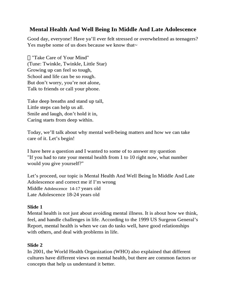 PERDEV Mental Health and Well Being in Middle and Late Adolescence ...