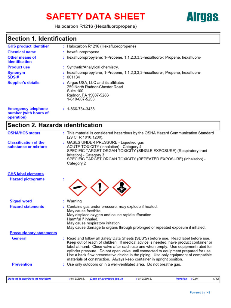 R1216 Safety Data Sheet Summary | PDF | Toxicity | Dangerous Goods