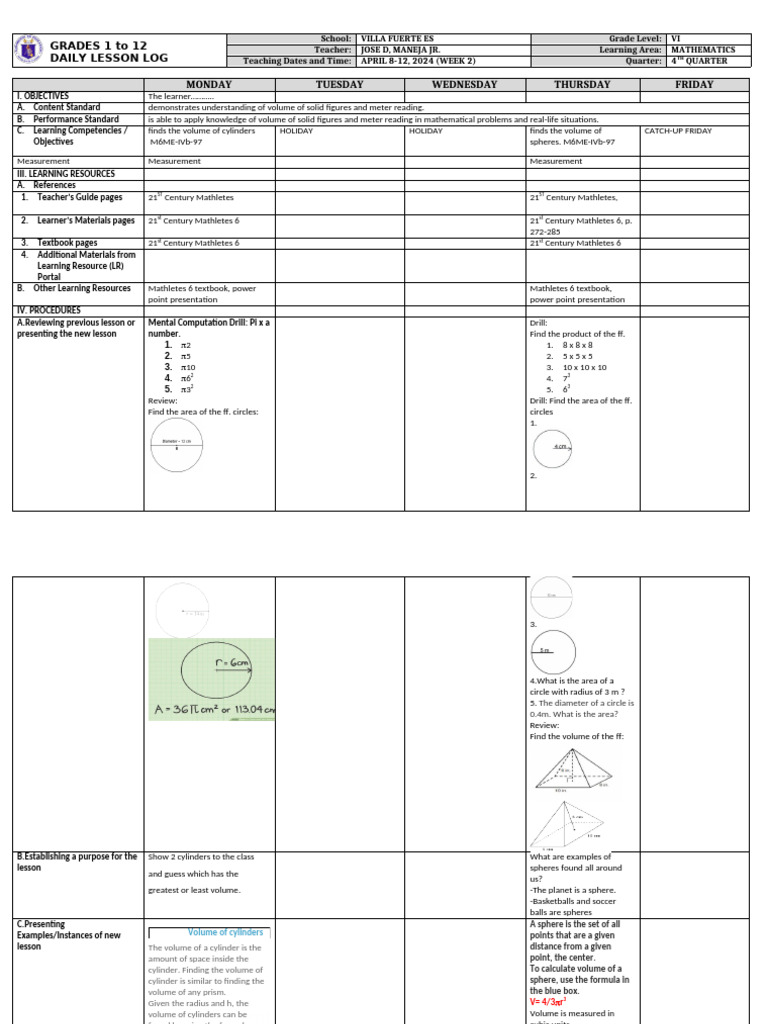 Grade 6 Math Daily Lesson Plan | PDF | Volume | Sphere