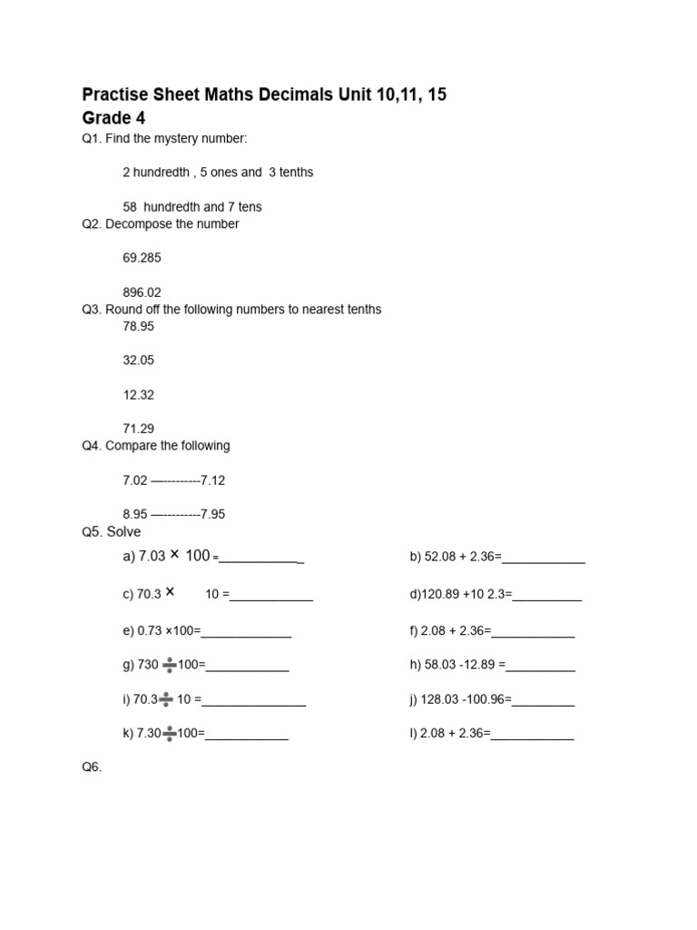 Grade 4 Maths Decimals Practice Sheet | PDF