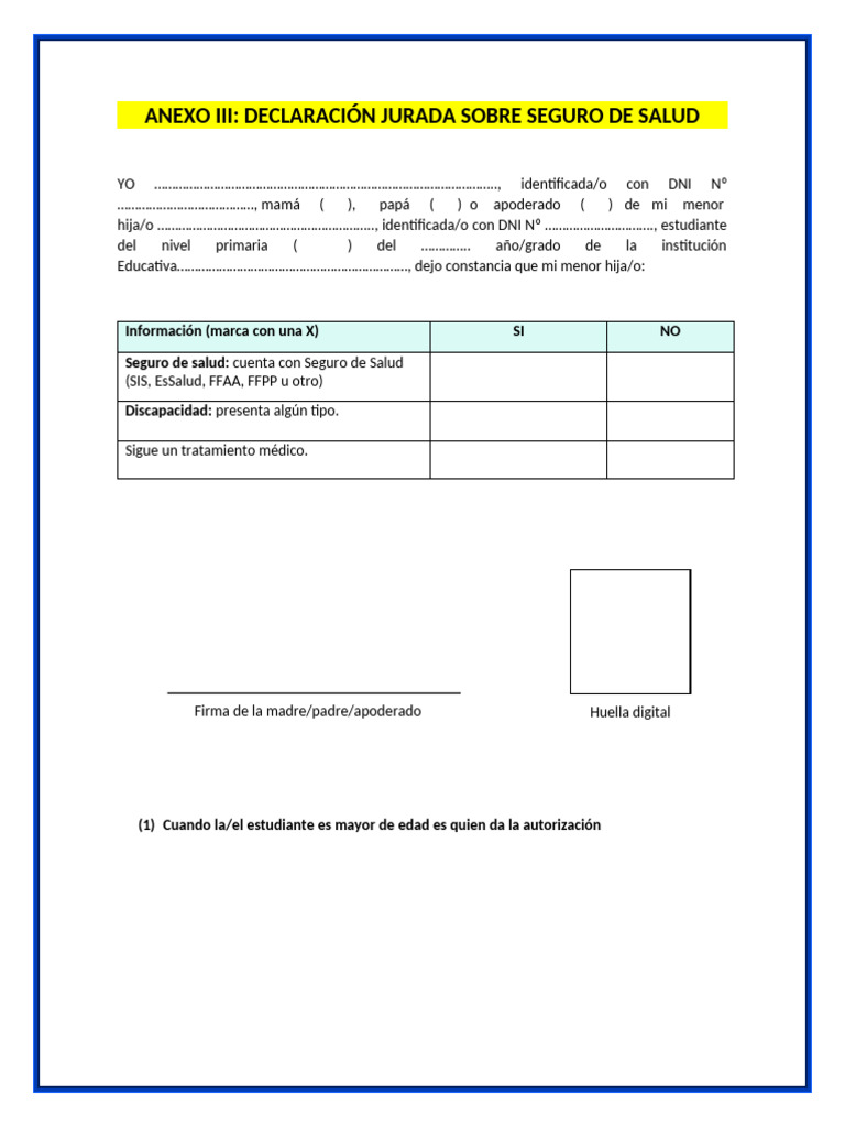 Anexo III Declaracion Jurada Sobre Seguro de Salud | PDF