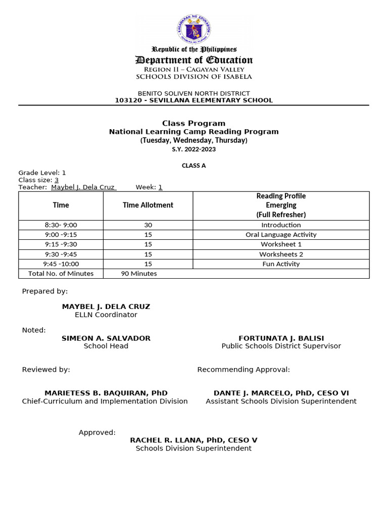 Sevillana Elementary School Class Program | PDF