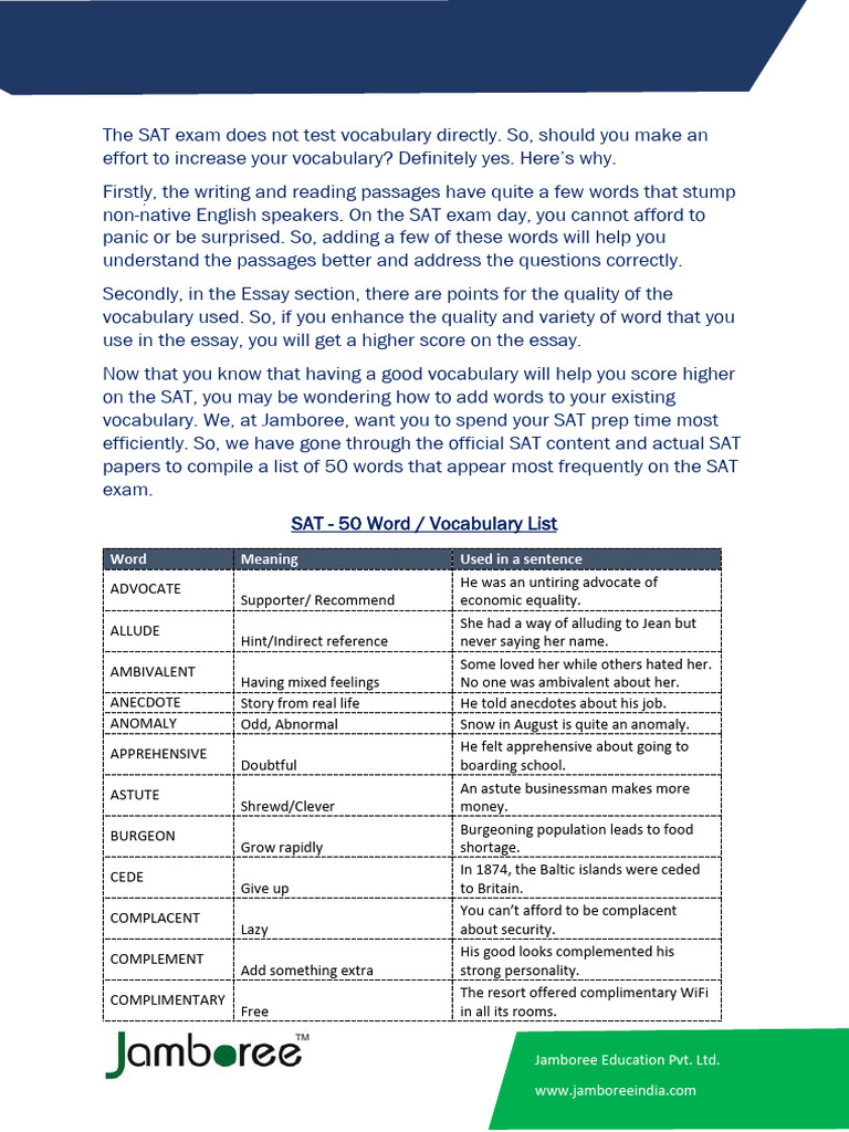 Jamboree SAT 50 Words | PDF | Sat | Vocabulary