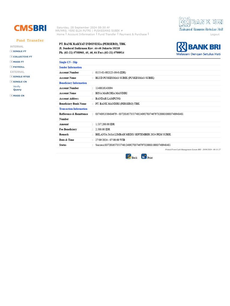 Fund Transfer Details for Puskesmas Subik | PDF