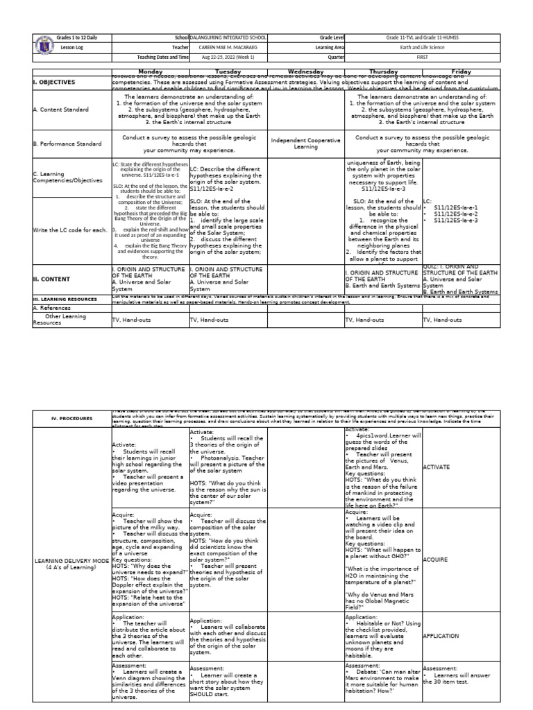 Grade 11 Earth Science Lesson Plan | PDF