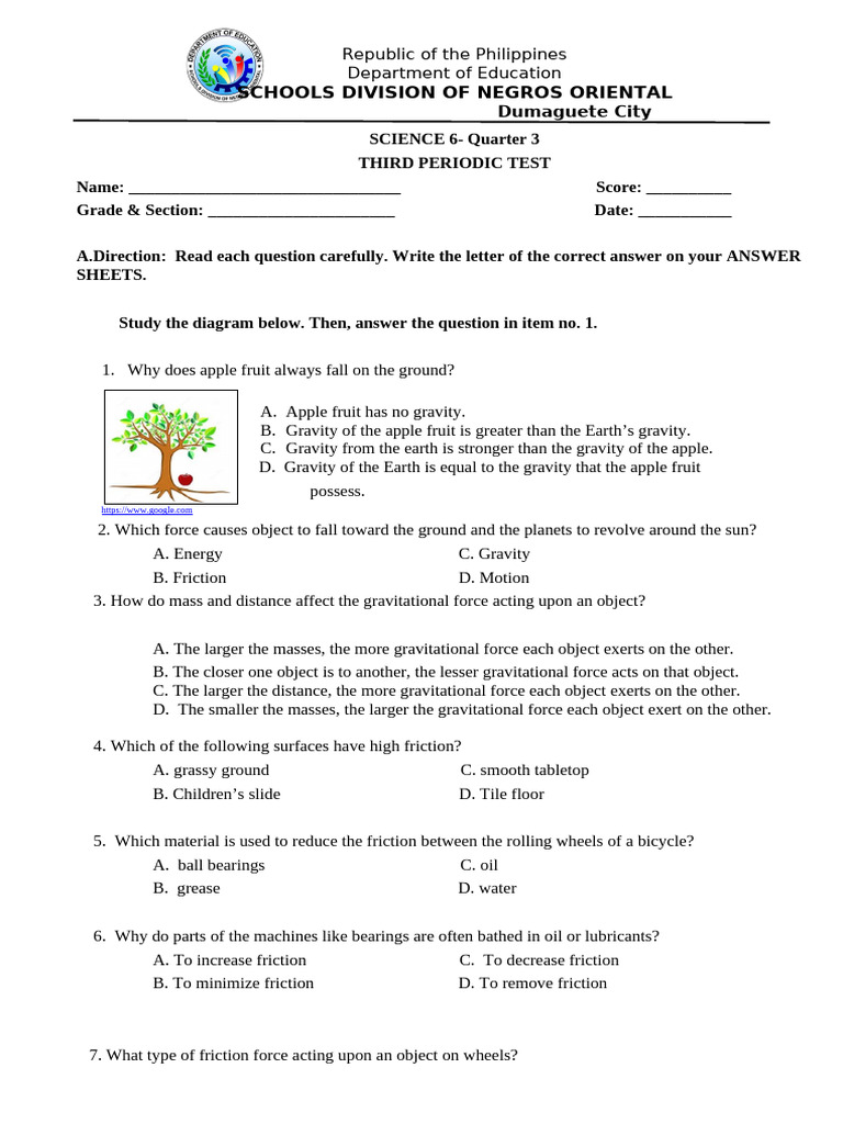 Science 6 Third Periodic Test Guide | PDF | Friction | Gravity