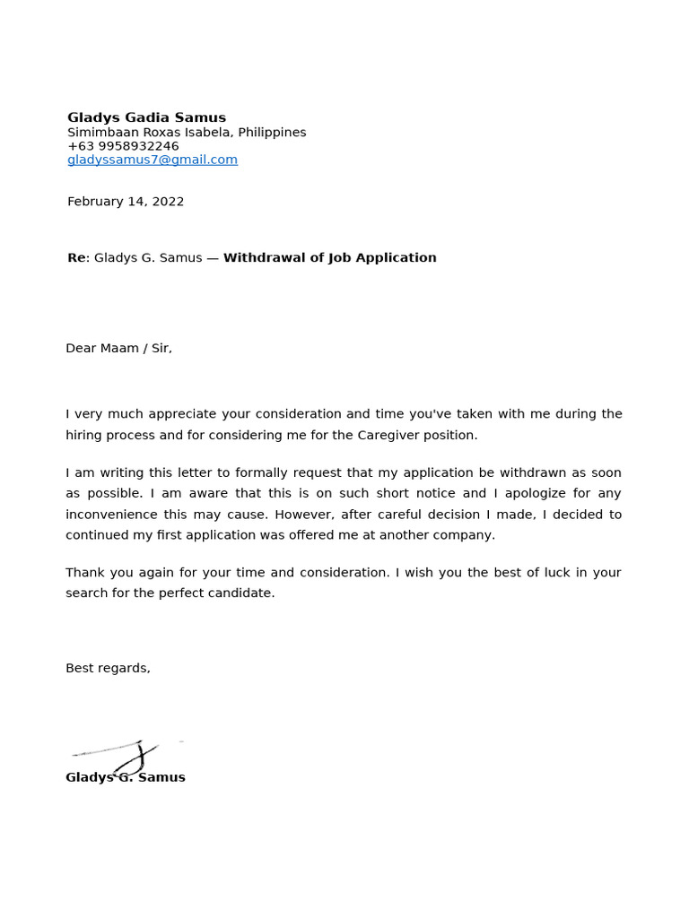 Withdrawal of Caregiver Job Application | PDF