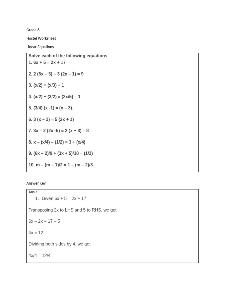 Grade 6 Linear Equations Worksheet | PDF | Mathematical Objects ...