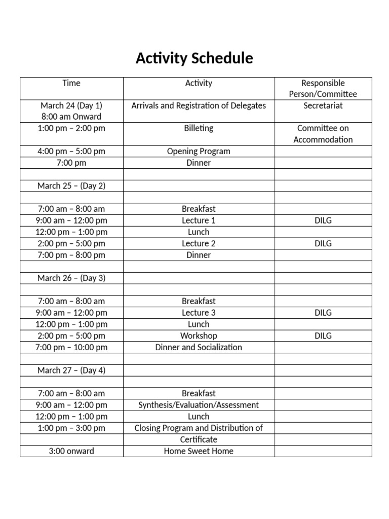 Event Activity Schedule Overview | PDF