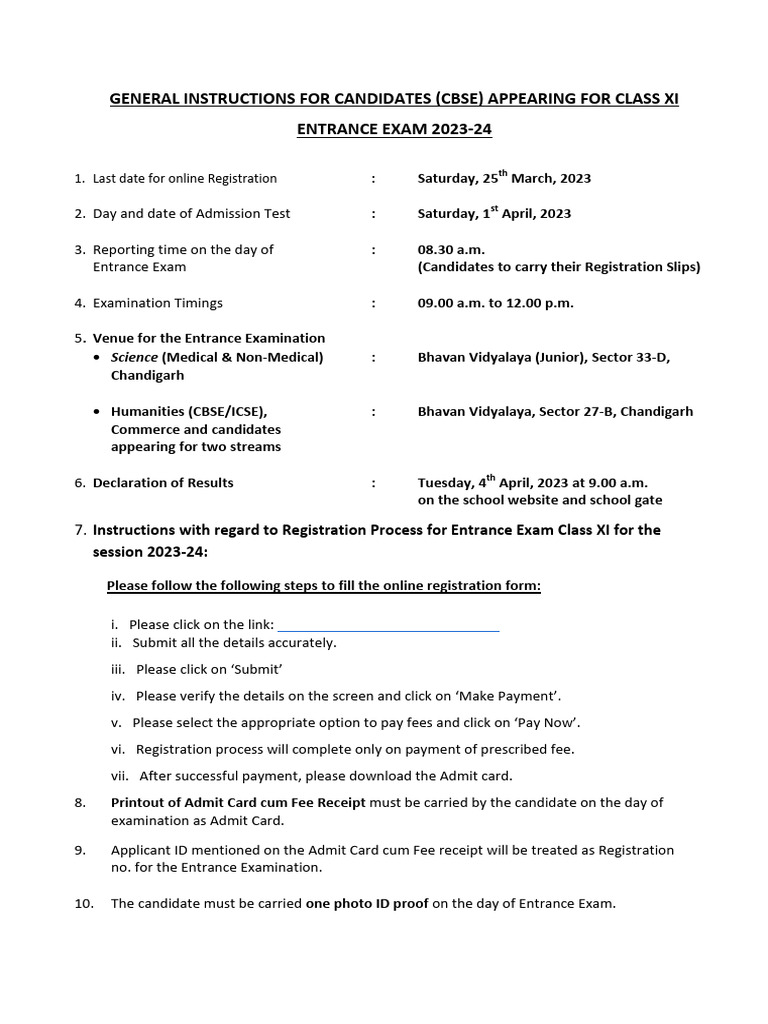 CBSE Class XI Entrance Exam Guide 2023 | PDF