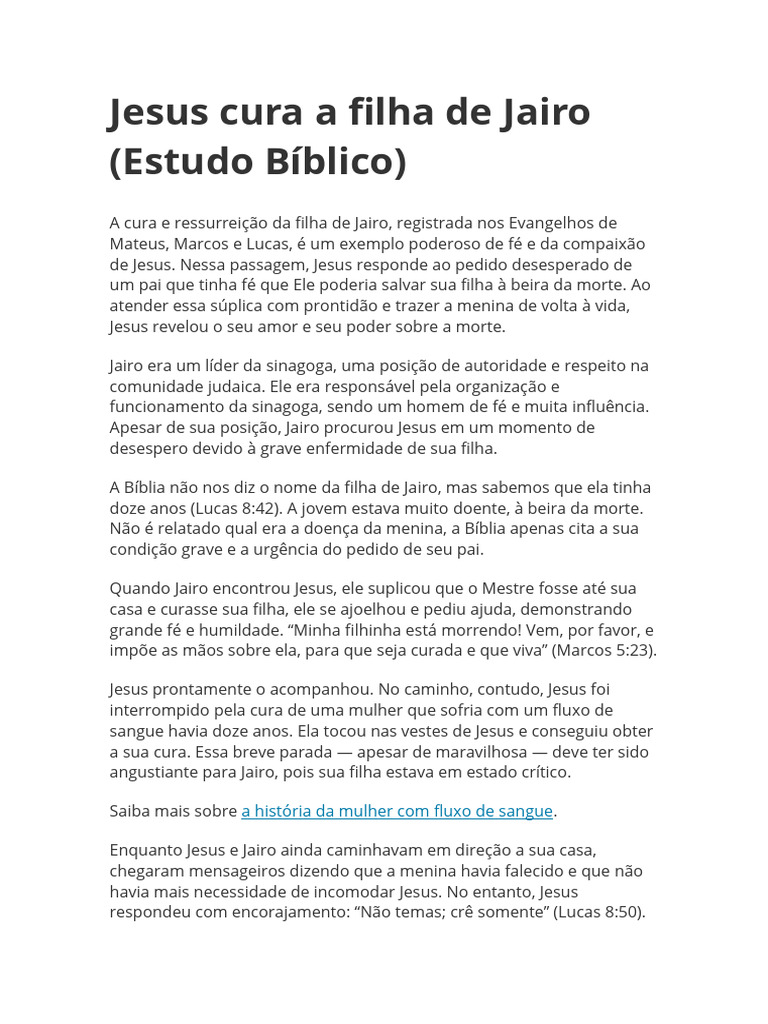 Jesus Cura A Filha de Jairo | PDF | Jesus | Fé