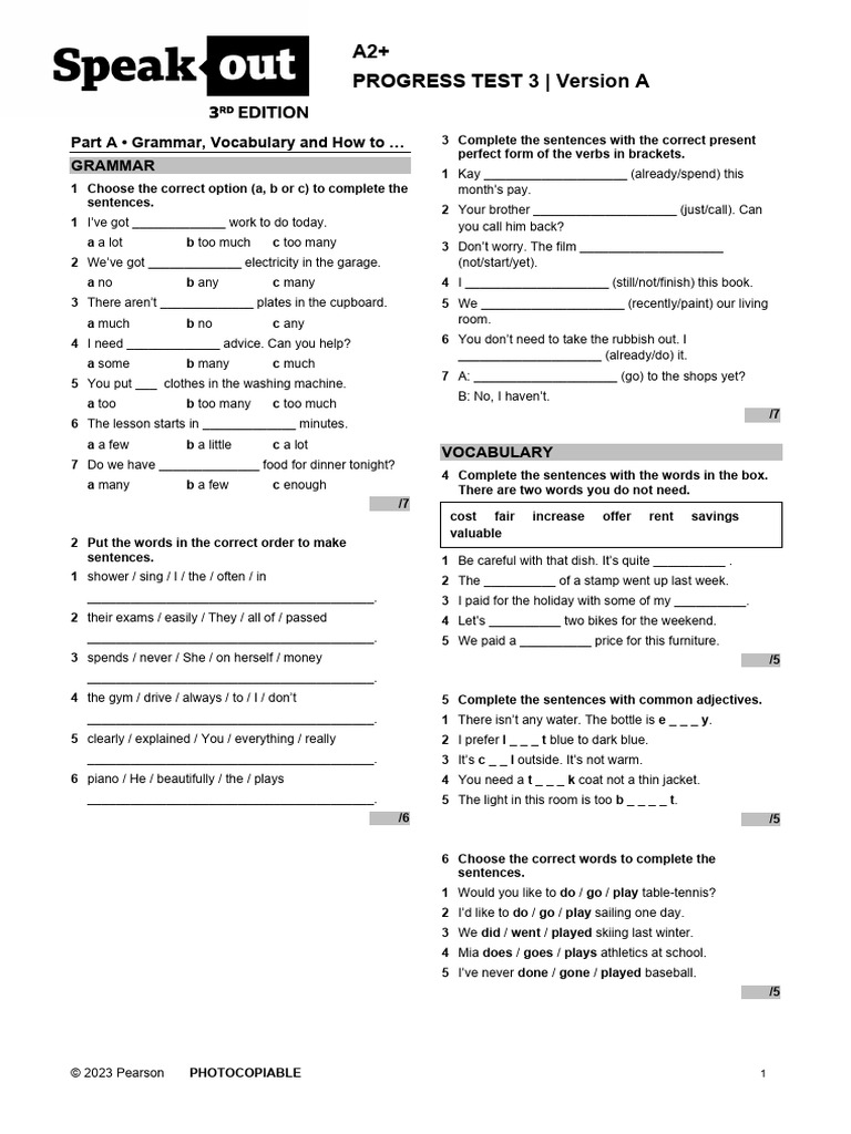 A2+ Progress Test 3: Grammar & Vocabulary | PDF