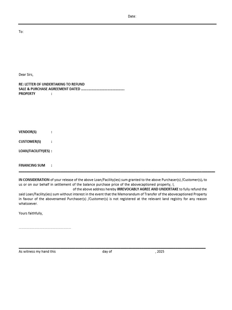 Letter of Undertaking for Property Refund | PDF | Law And Economics