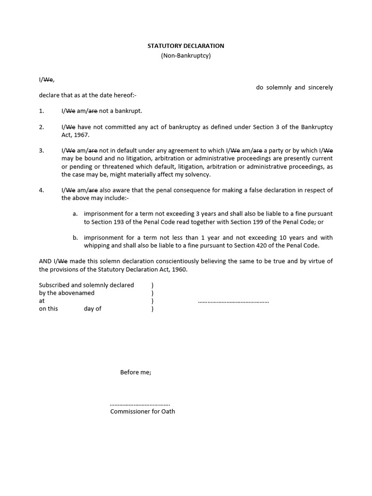 Non-Bankruptcy Statutory Declaration | PDF
