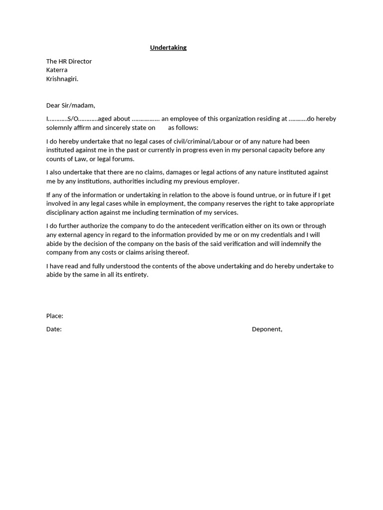 Employment Legal Undertaking Form | PDF