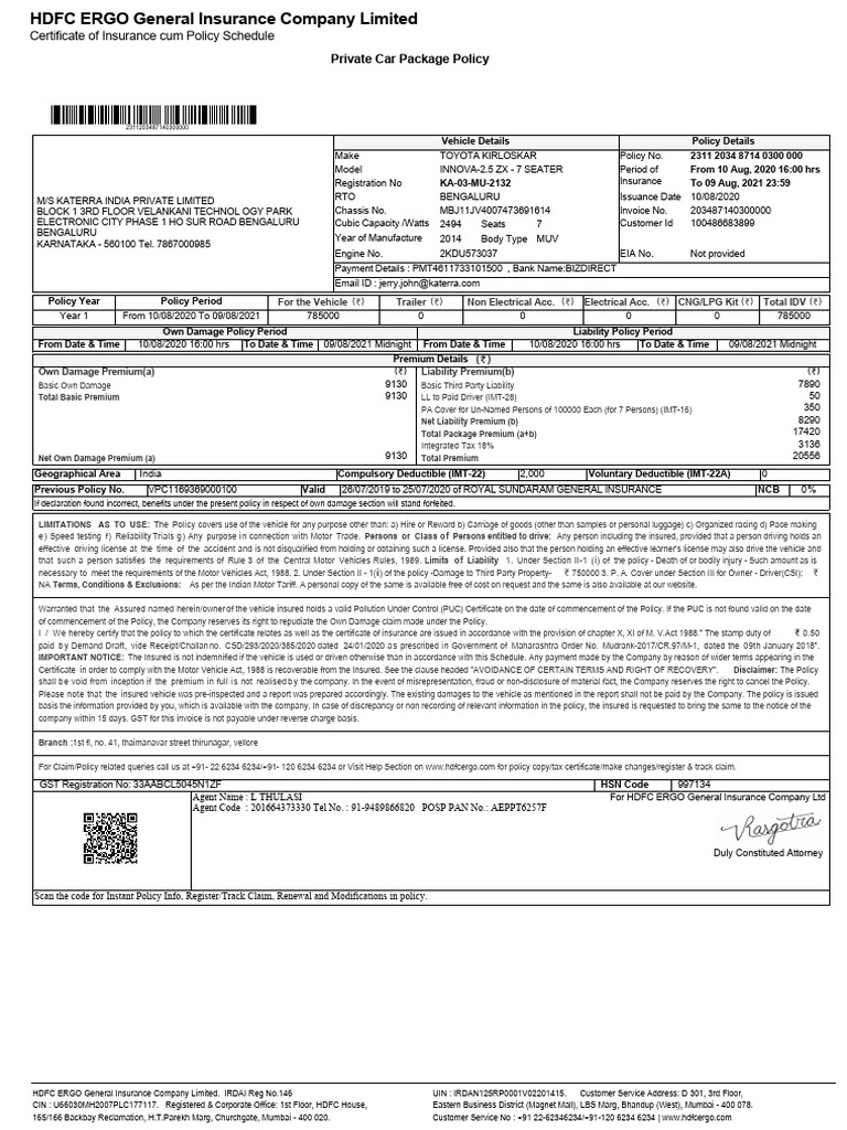 Toyota Innova Insurance Policy Details | PDF | Insurance | Deductible