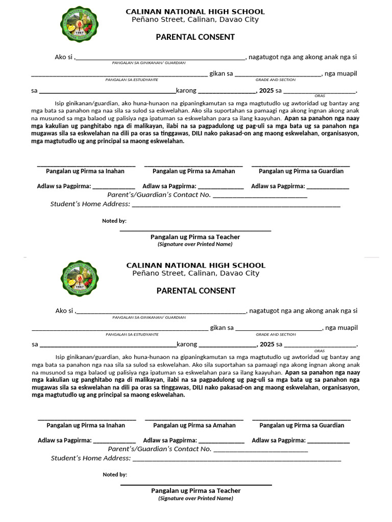 APPROVED Parents Consents For Students Day Half Page BISAYA | PDF