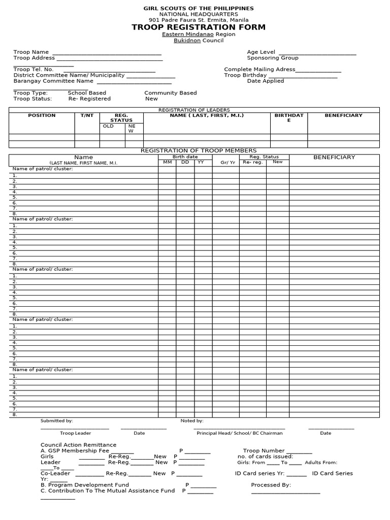 GSP Troop Registration Form - Mindanao | PDF | Girl Guiding And Girl ...