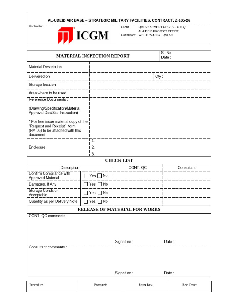Material Inspection Report for Al-Udeid Base | PDF