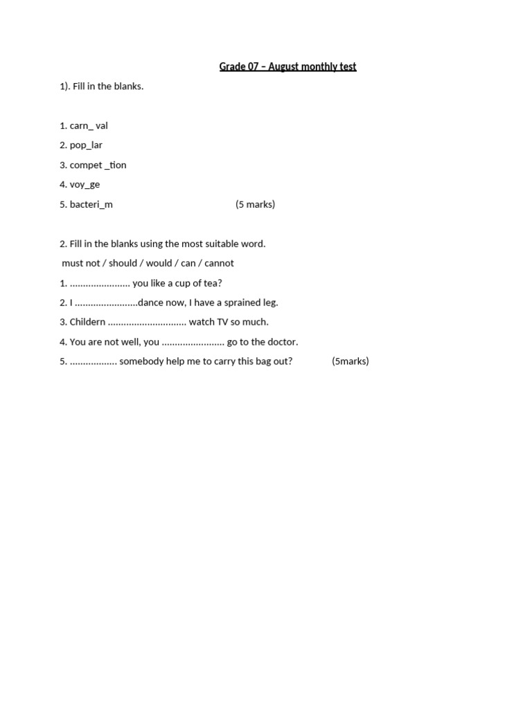 Grade 7 August Test: Fill in the Blanks | PDF