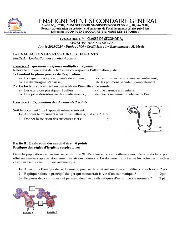 Évaluation Sciences 2nde - Complexe Scolaire | PDF | Système ...