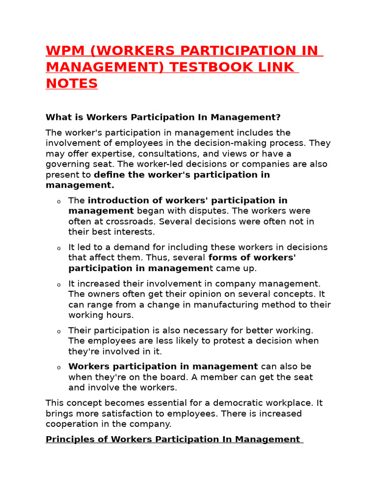 Understanding Workers' Participation in Management | PDF | Employment ...