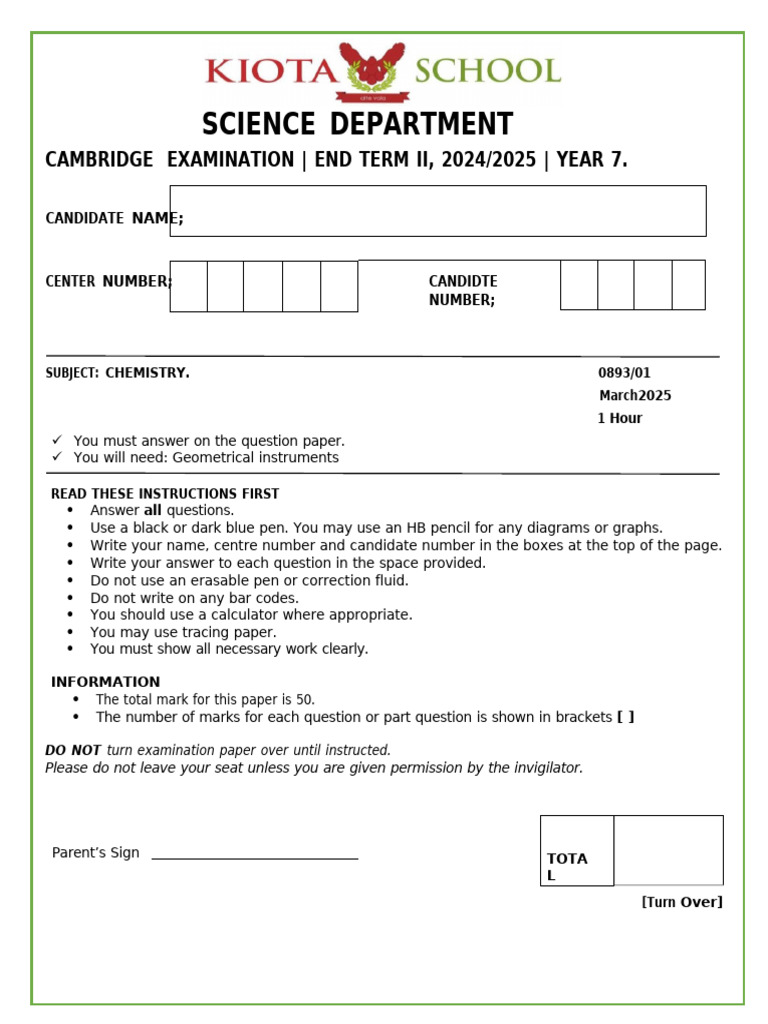 Year 7 Chemistry Exam Paper 2024/2025 | PDF | Water Cycle | Chemical ...