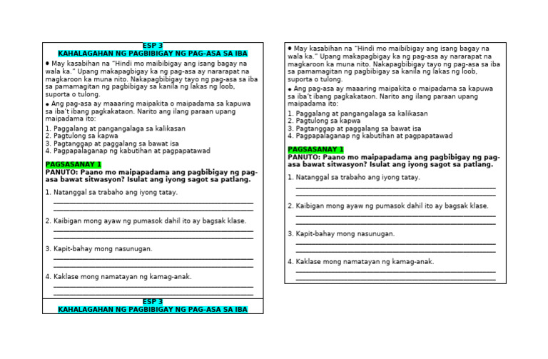 Esp - Pagbibigay Pag - Asa | PDF