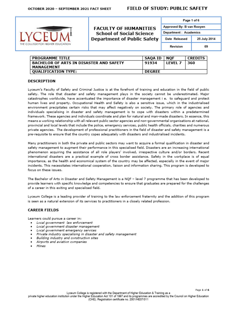 BA in Disaster and Safety Management | PDF | Academic Degree ...