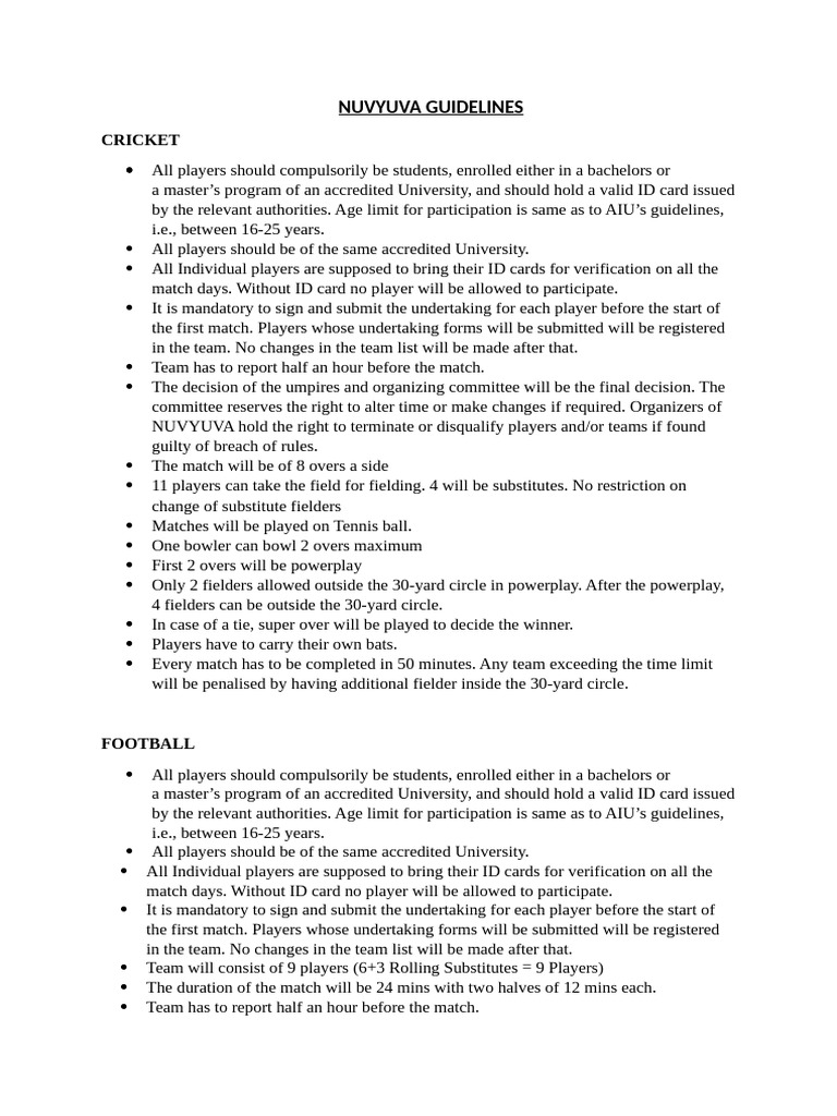 NUVYUVA Sports Participation Guidelines | PDF | Cricket | Ball And Bat ...